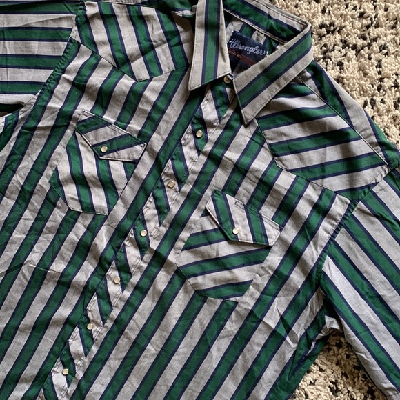 Vintage Wrangler Long Tail Mens Snap Button Western Grey Green Blue Stripe Shirt - Picture 4 of 13